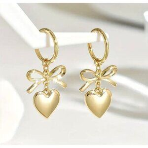 Gold Bow and Heart Drop Hoops